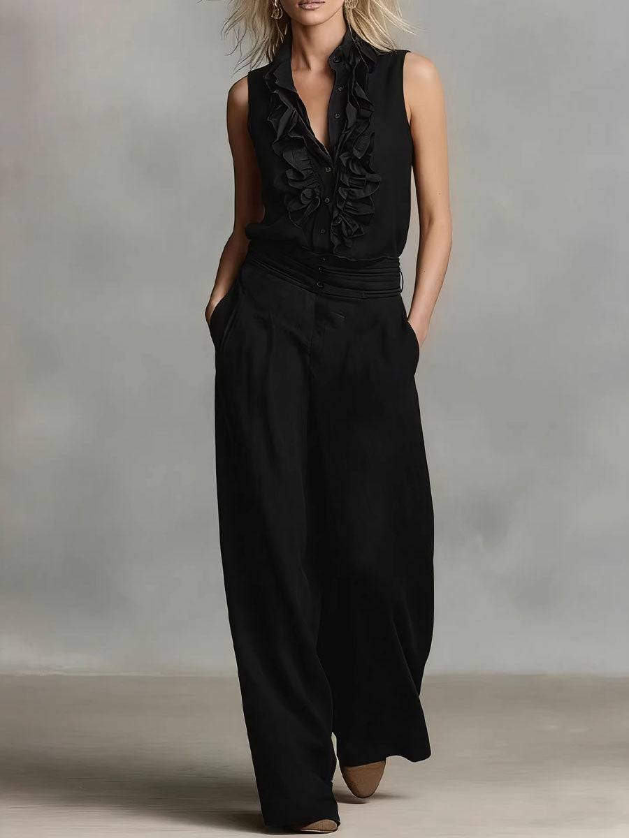 Women's Simple Linen Sleeveless Casual Shirt And Wide-leg Pants Set