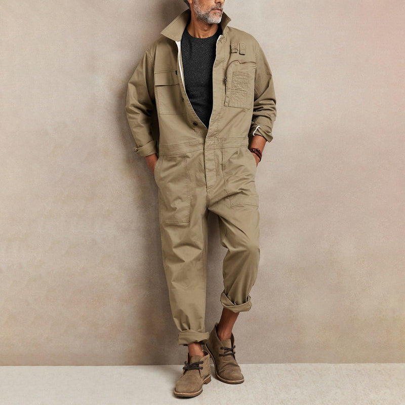 Vintage Single Breasted Lapel Long Sleeve Cotton Loose Jumpsuit